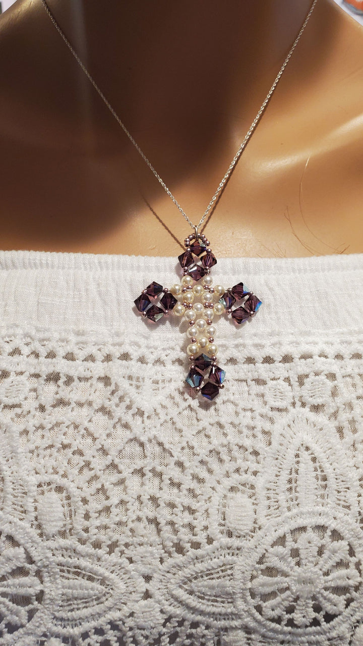 Handmade Vintage Bead Woven Purple Crystal Pearl Cross Necklace-Only One - Necklace - Alexa Martha Designs   