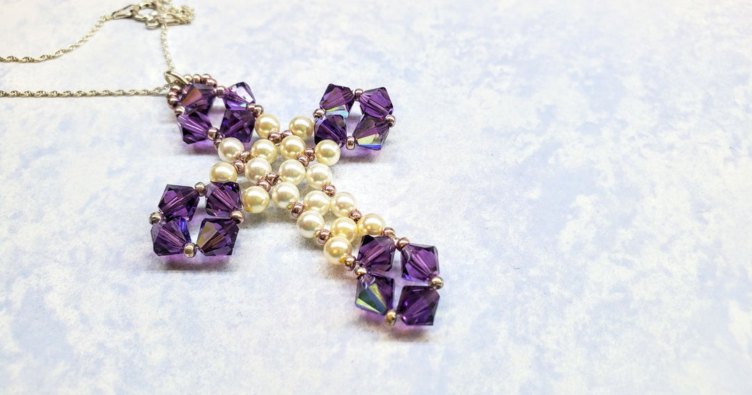 AMD1193 Handmade Vintage Bead Woven Purple Crystal Pearl Cross Necklace-Only One - Necklace - Alexa Martha Designs   8858930053424