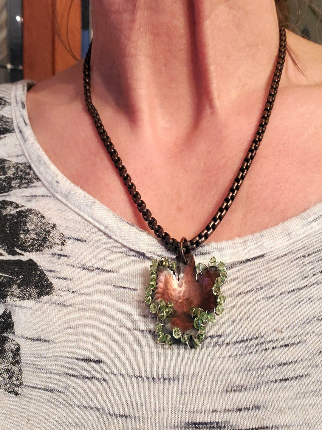 Hammered Sculpted Copper Green Crystal Shamrock Necklace - Necklace - Alexa Martha Designs   