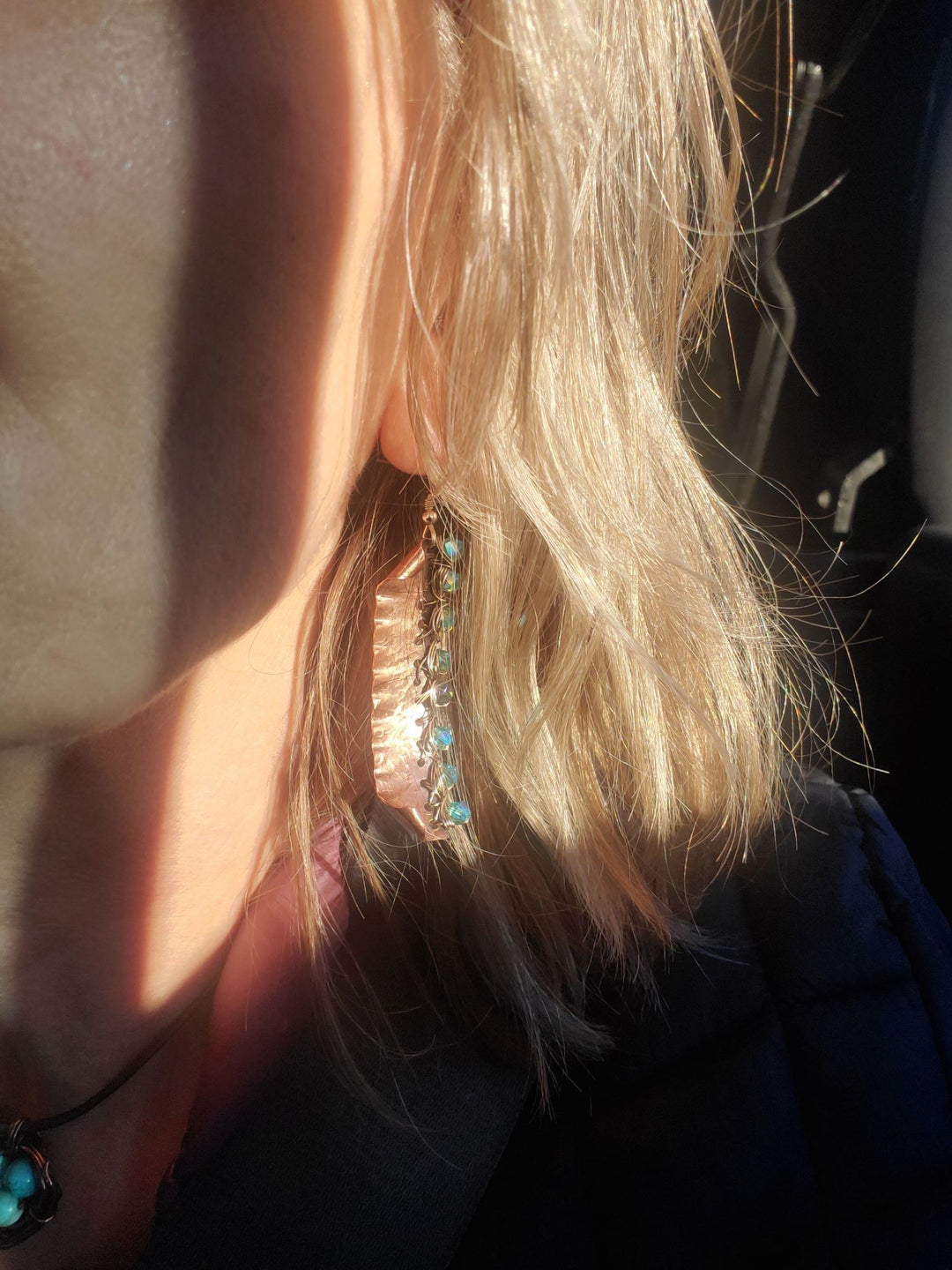 AMD1268 Blue Green Hammered Copper Bar  Crystal Earrings - Earrings - Alexa Martha Designs   9072377921840