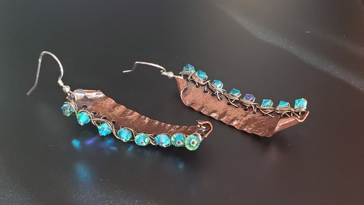 AMD1268 Blue Green Hammered Copper Bar  Crystal Earrings - Earrings - Alexa Martha Designs   9072377921840