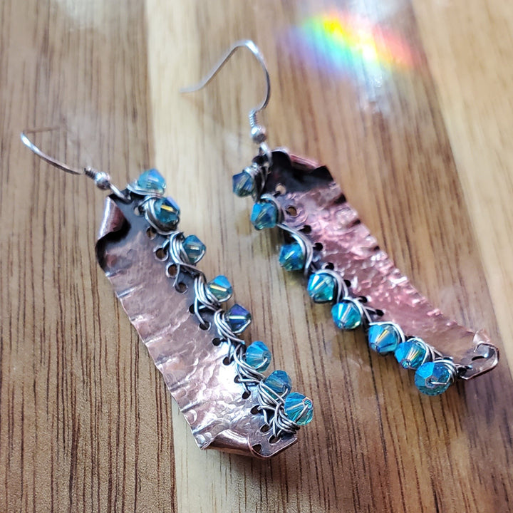 AMD1268 Blue Green Hammered Copper Bar  Crystal Earrings - Earrings - Alexa Martha Designs   9072377921840