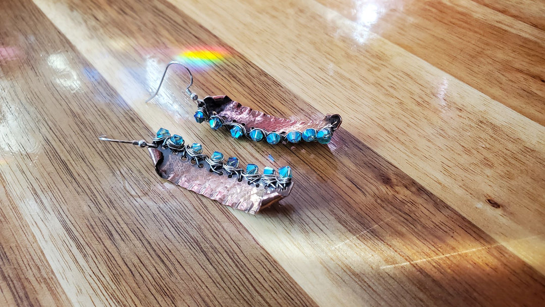 AMD1268 Blue Green Hammered Copper Bar  Crystal Earrings - Earrings - Alexa Martha Designs   9072377921840