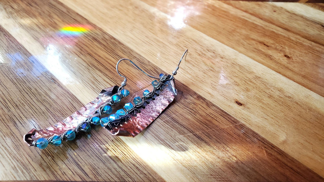 AMD1268 Blue Green Hammered Copper Bar  Crystal Earrings - Earrings - Alexa Martha Designs   9072377921840