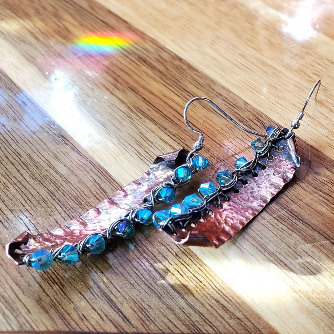 AMD1268 Blue Green Hammered Copper Bar  Crystal Earrings - Earrings - Alexa Martha Designs   9072377921840