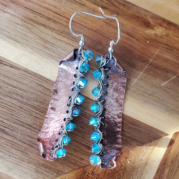 AMD1268 Blue Green Hammered Copper Bar  Crystal Earrings - Earrings - Alexa Martha Designs   9072377921840
