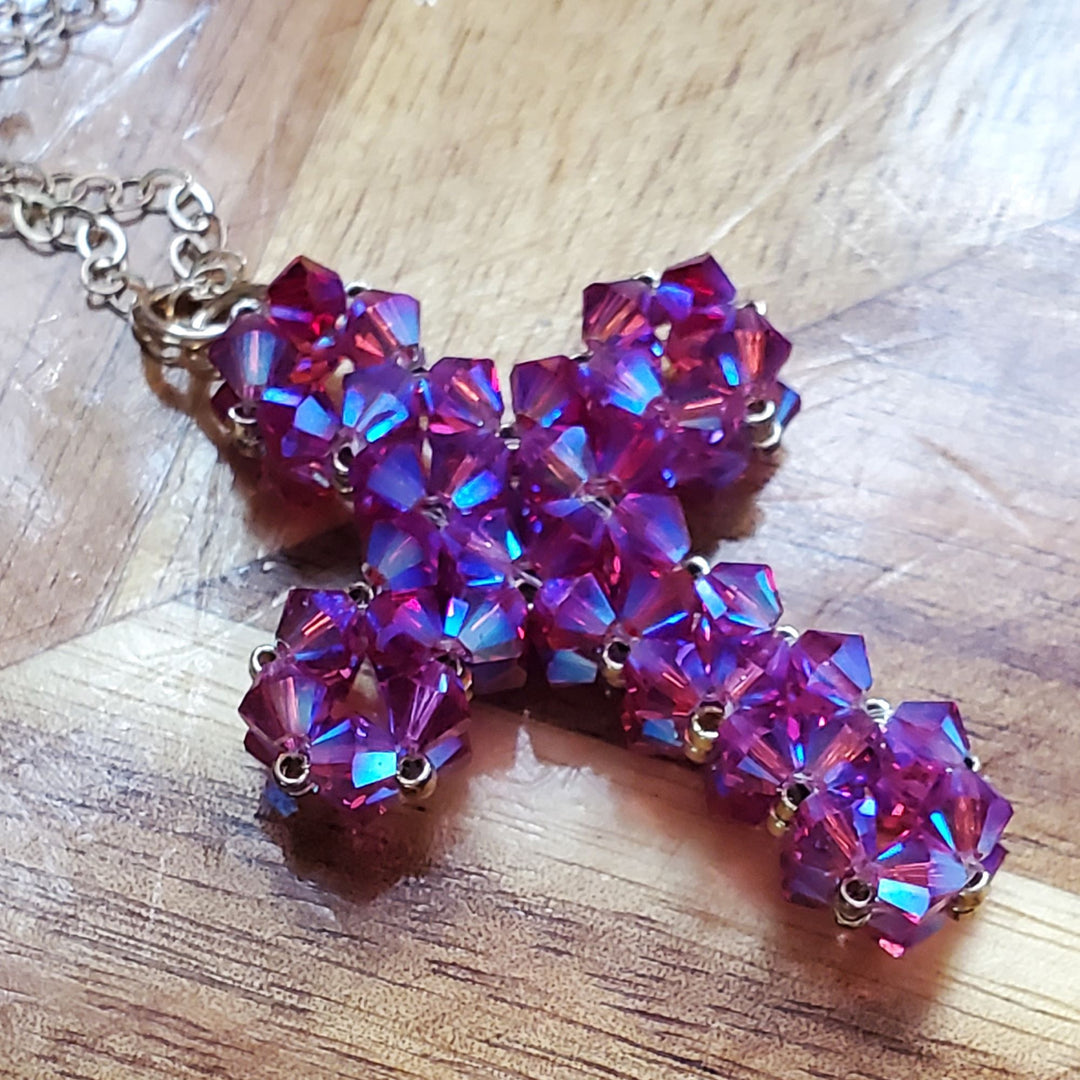 AMD1270 Hot Pink Swarovski Crystal Cross Necklace - Necklace - Alexa Martha Designs   9083383415088