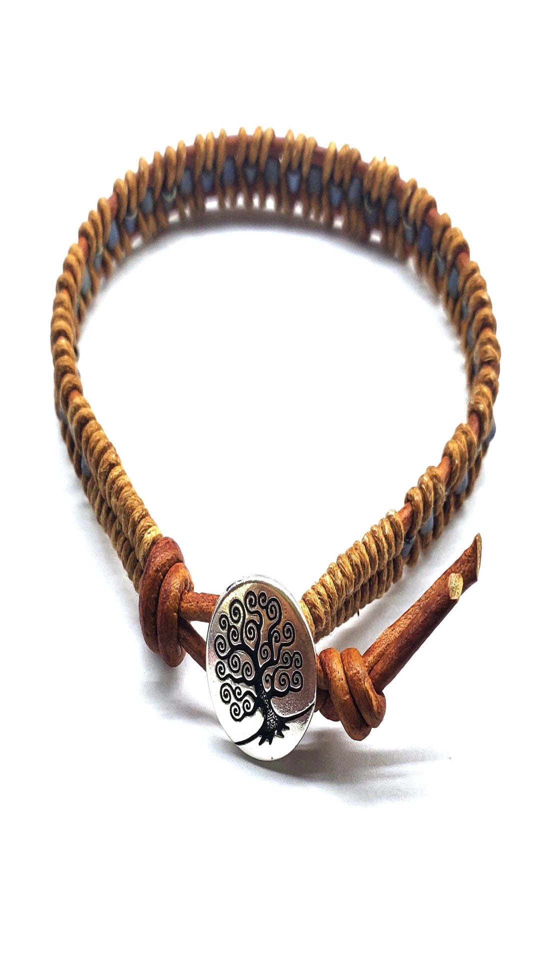 AMD1018 Tree of Life Button Brown Gray Leather Wrap Seed Bead Bracelet - Bracelet - Alexa Martha Designs   941446365231