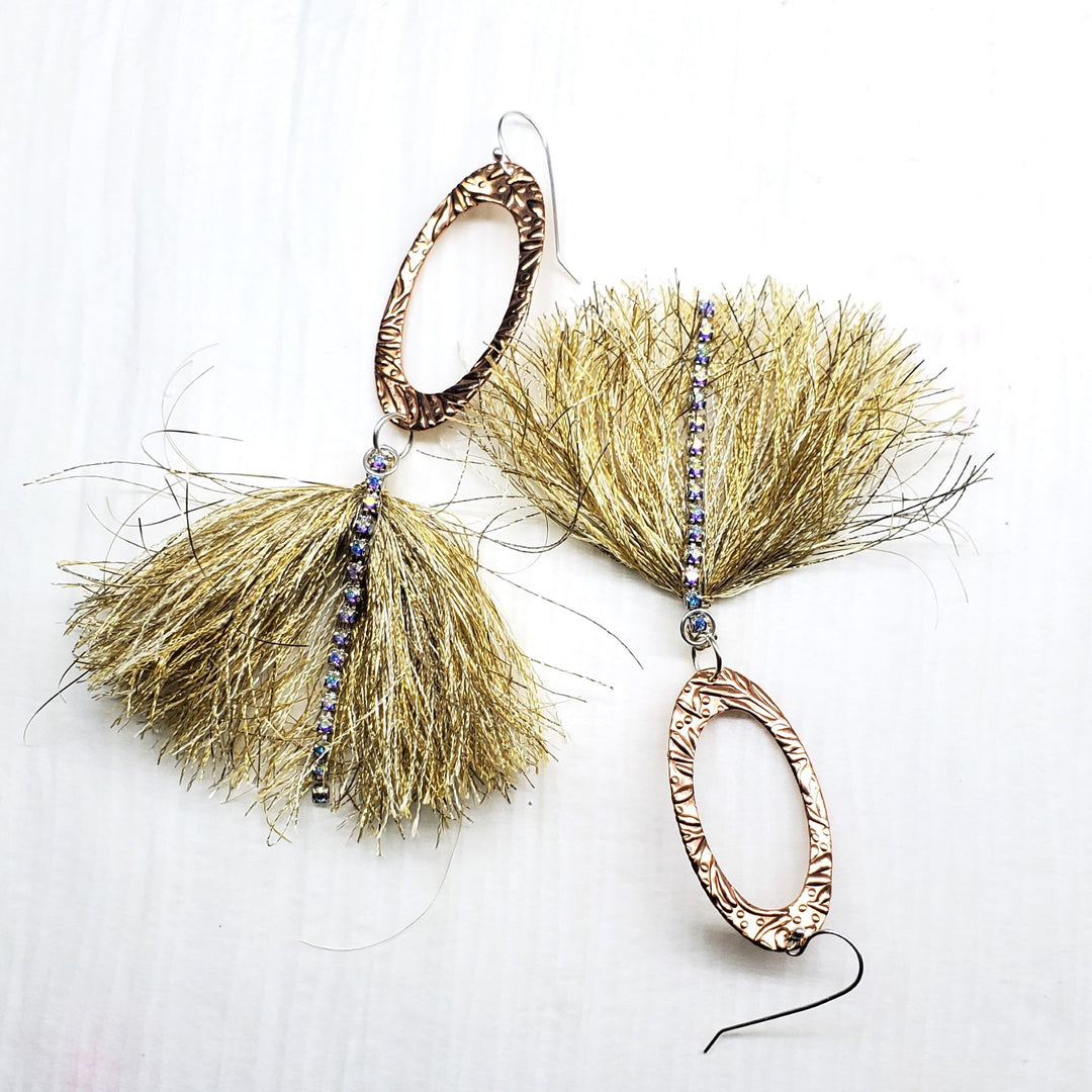 AMD1294 Long Copper Pointed Oval Embossed Gold Metal Thread Fan Tassel Earrings - Earrings - Alexa Martha Designs   9586855903536