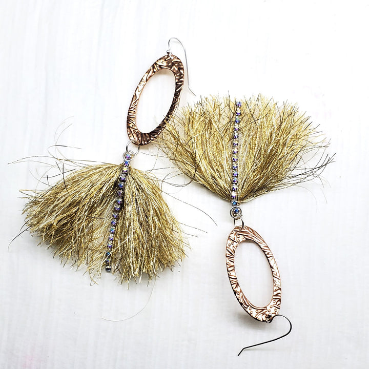 AMD1294 Long Copper Pointed Oval Embossed Gold Metal Thread Fan Tassel Earrings - Earrings - Alexa Martha Designs   9586855903536