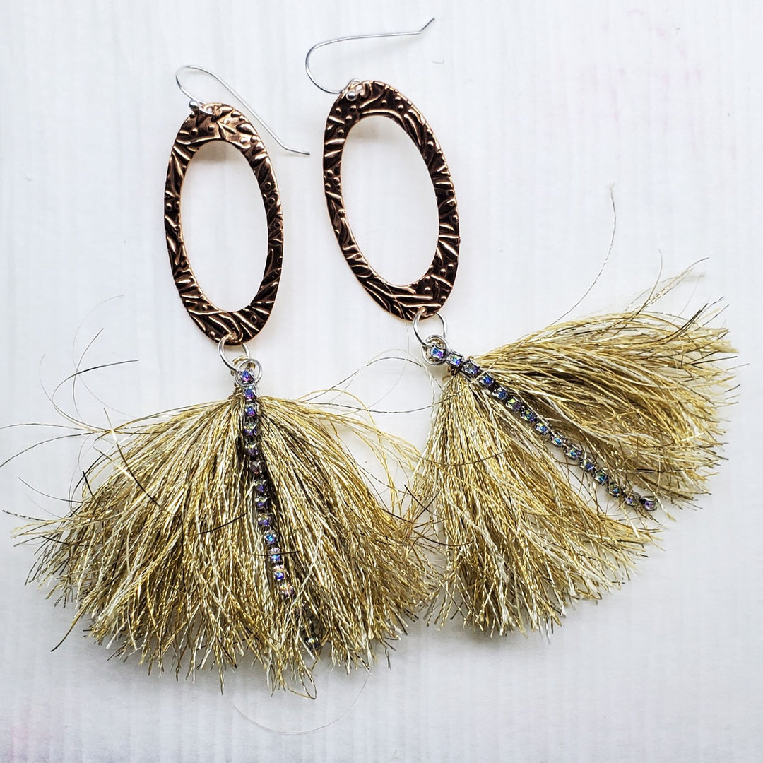 AMD1294 Long Copper Pointed Oval Embossed Gold Metal Thread Fan Tassel Earrings - Earrings - Alexa Martha Designs   9586855903536
