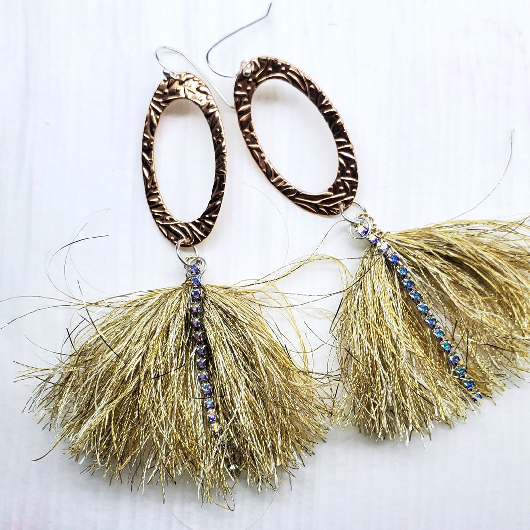 Long Copper Pointed Oval Embossed Gold Metal Thread Fan Tassel Earrings - Earrings - Alexa Martha Designs