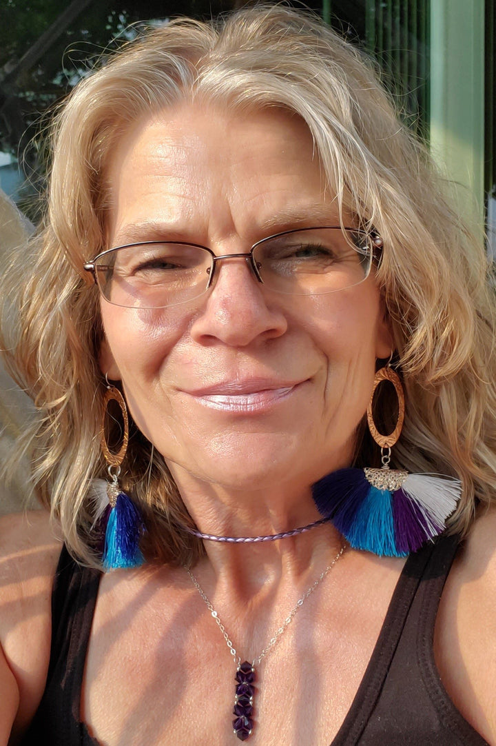 Long Rose Golden Filigree Copper Embossed Four Color Silk Fan  Tassel Earrings - Earrings - Alexa Martha Designs