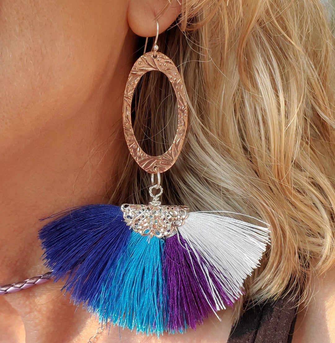 Long Rose Golden Filigree Copper Embossed Four Color Silk Fan  Tassel Earrings - Earrings - Alexa Martha Designs