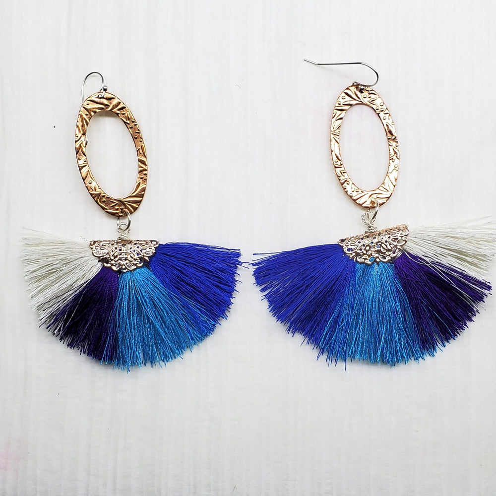 Long Rose Golden Filigree Copper Embossed Four Color Silk Fan  Tassel Earrings - Earrings - Alexa Martha Designs