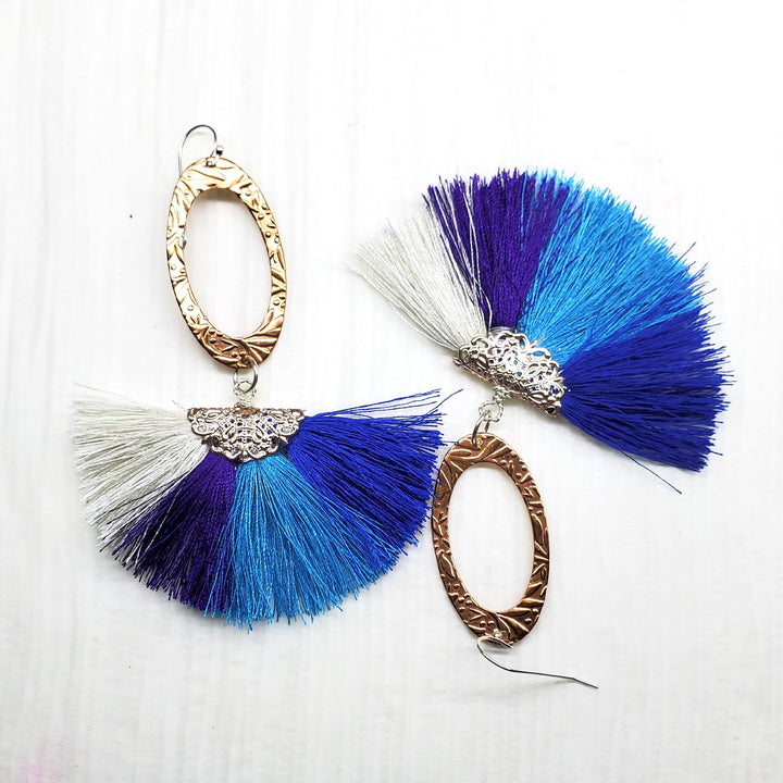 Long Rose Golden Filigree Copper Embossed Four Color Silk Fan  Tassel Earrings - Earrings - Alexa Martha Designs