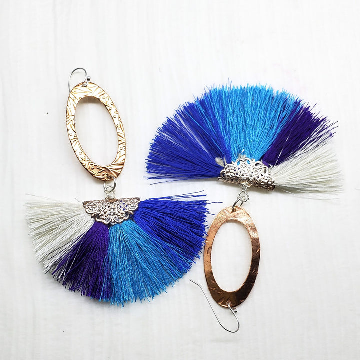 Long Rose Golden Filigree Copper Embossed Four Color Silk Fan  Tassel Earrings - Earrings - Alexa Martha Designs