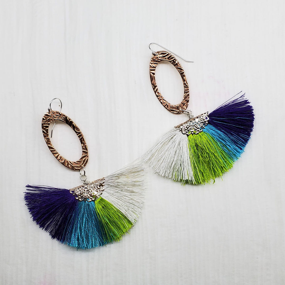 Long Rose Golden Filigree Copper Embossed Four Color Silk Fan  Tassel Earrings - Earrings - Alexa Martha Designs