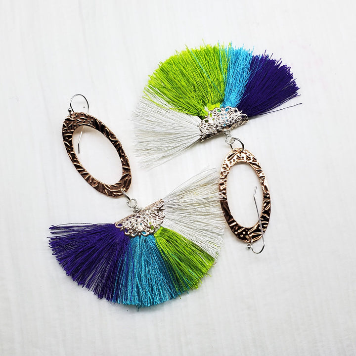 Long Rose Golden Filigree Copper Embossed Four Color Silk Fan  Tassel Earrings - Earrings - Alexa Martha Designs