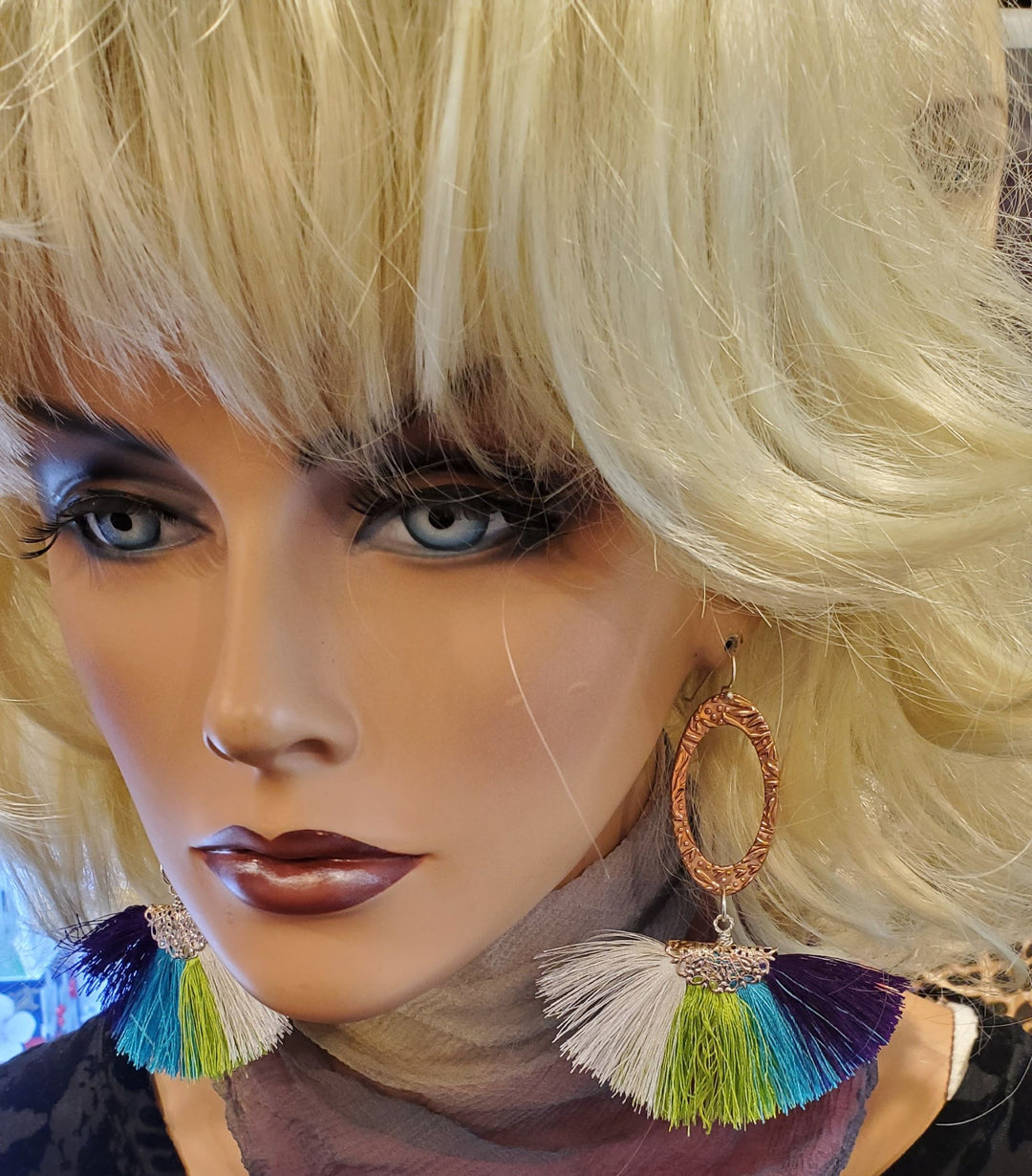 AMD1295-AMD1296 Long Rose Golden Filigree Copper Embossed Four Color Silk Fan  Tassel Earrings - Earrings - Alexa Martha Designs   9588540473648