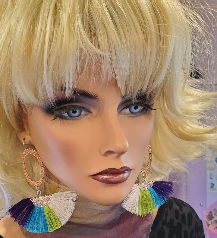 AMD1295-AMD1296 Long Rose Golden Filigree Copper Embossed Four Color Silk Fan  Tassel Earrings - Earrings - Alexa Martha Designs   9588540473648