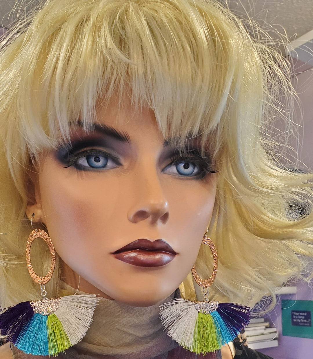 AMD1295-AMD1296 Long Rose Golden Filigree Copper Embossed Four Color Silk Fan  Tassel Earrings - Earrings - Alexa Martha Designs   9588540473648