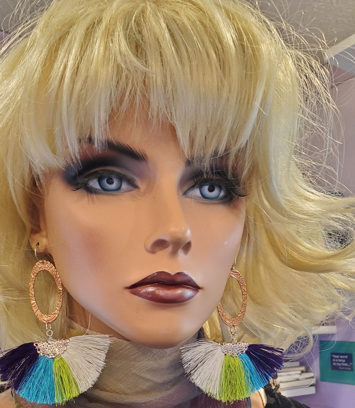 AMD1295-AMD1296 Long Rose Golden Filigree Copper Embossed Four Color Silk Fan  Tassel Earrings - Earrings - Alexa Martha Designs   9588540473648