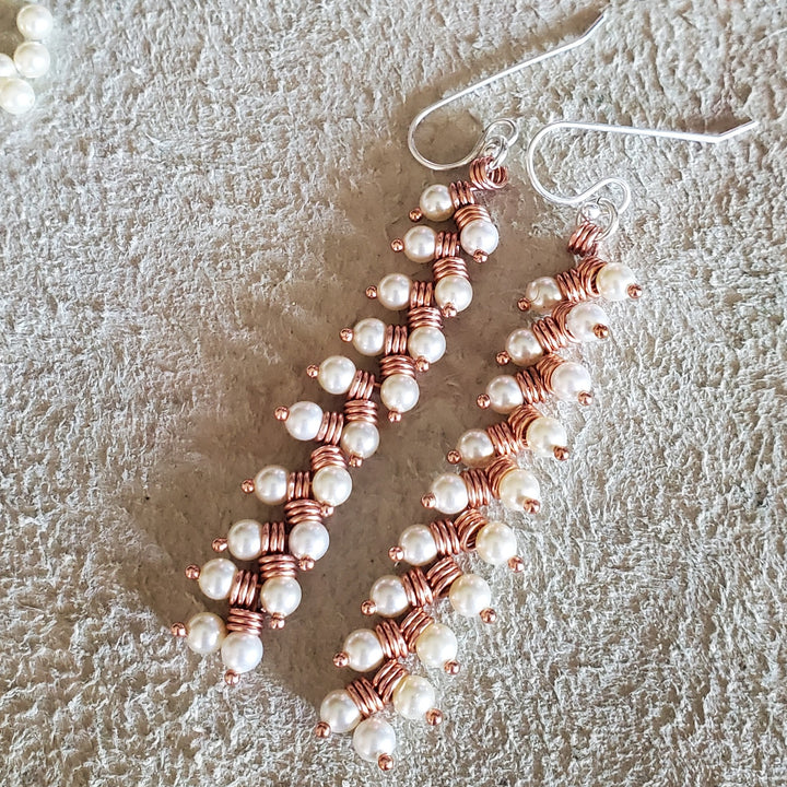 AMD1316-AMD1316-2 Long Copper Wire Coiled Braided Swarovski Crystal Pearl Earrings - Earrings - Alexa Martha Designs   9885689905456