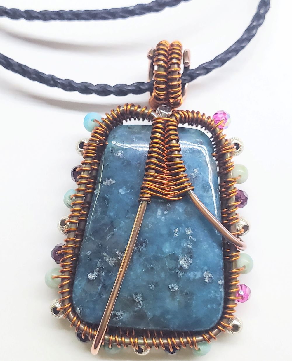 Reversible Copper Wire Wrapped Dancing Ballerina Teal Dyed Kiwi Stone Pendant Necklace