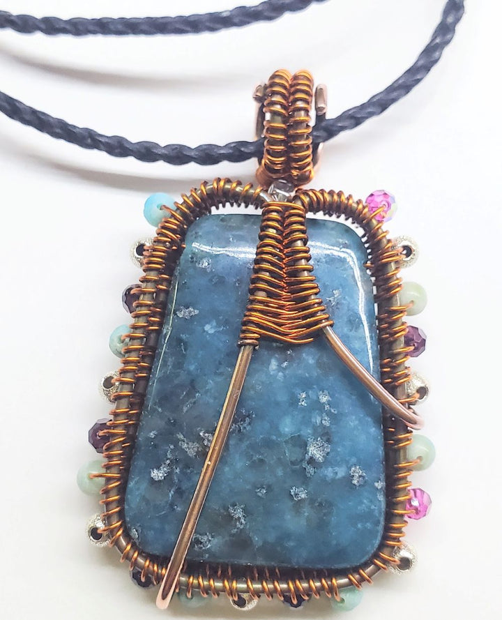 Reversible Copper Wire Wrapped Dancing Ballerina Teal Dyed Kiwi Stone Pendant Necklace