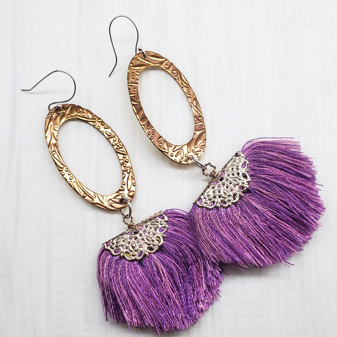 AMD1177-AMD1177-3 Copper Embossed Rose Gold Filled  Filigree Silk Fan Tassel Earrings - Earrings - Alexa Martha Designs   1367419355183