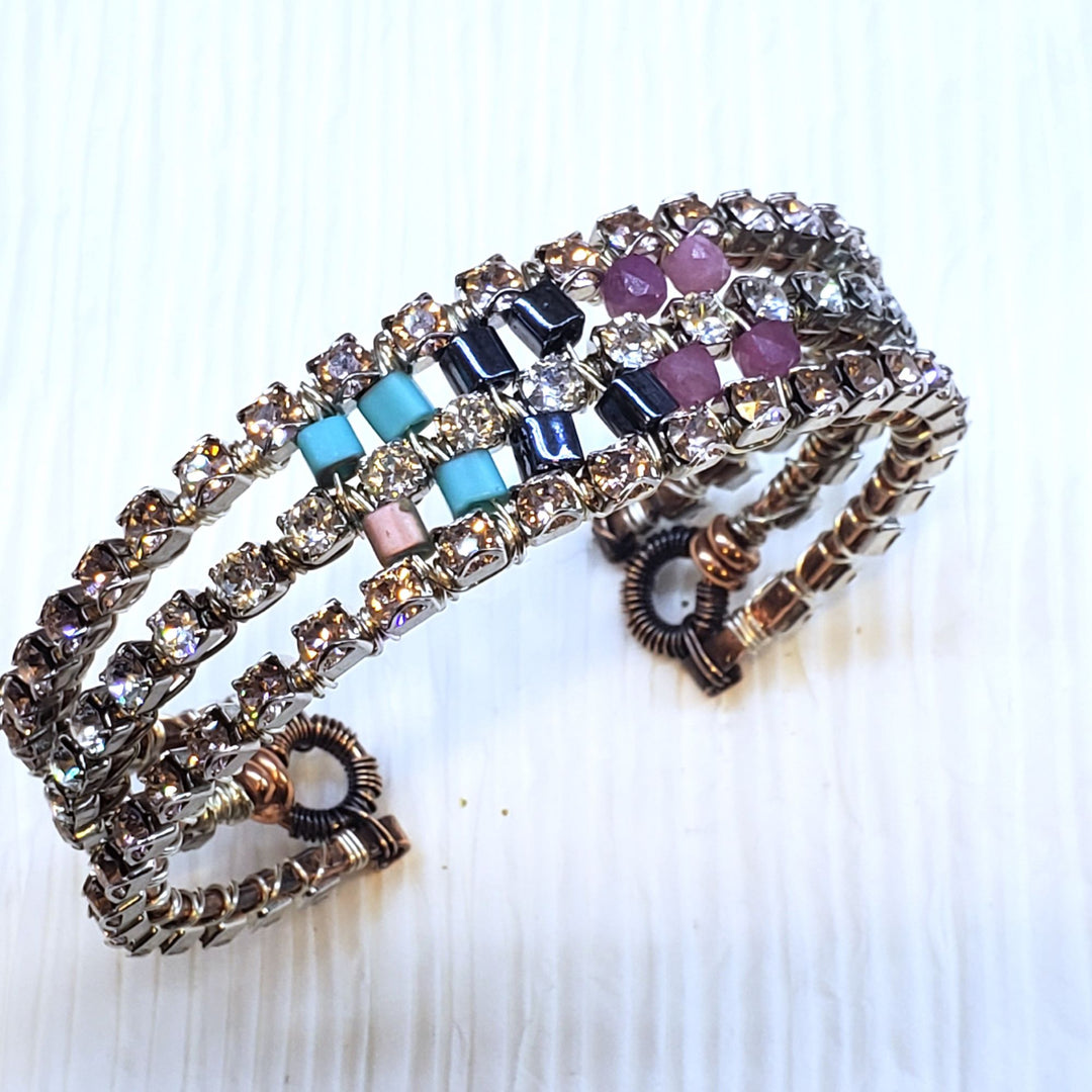 AMD1267 Large Wire Wrapped Triple Glam Crystal Gemstone Cuff - Bracelet - Alexa Martha Designs   9538956722480