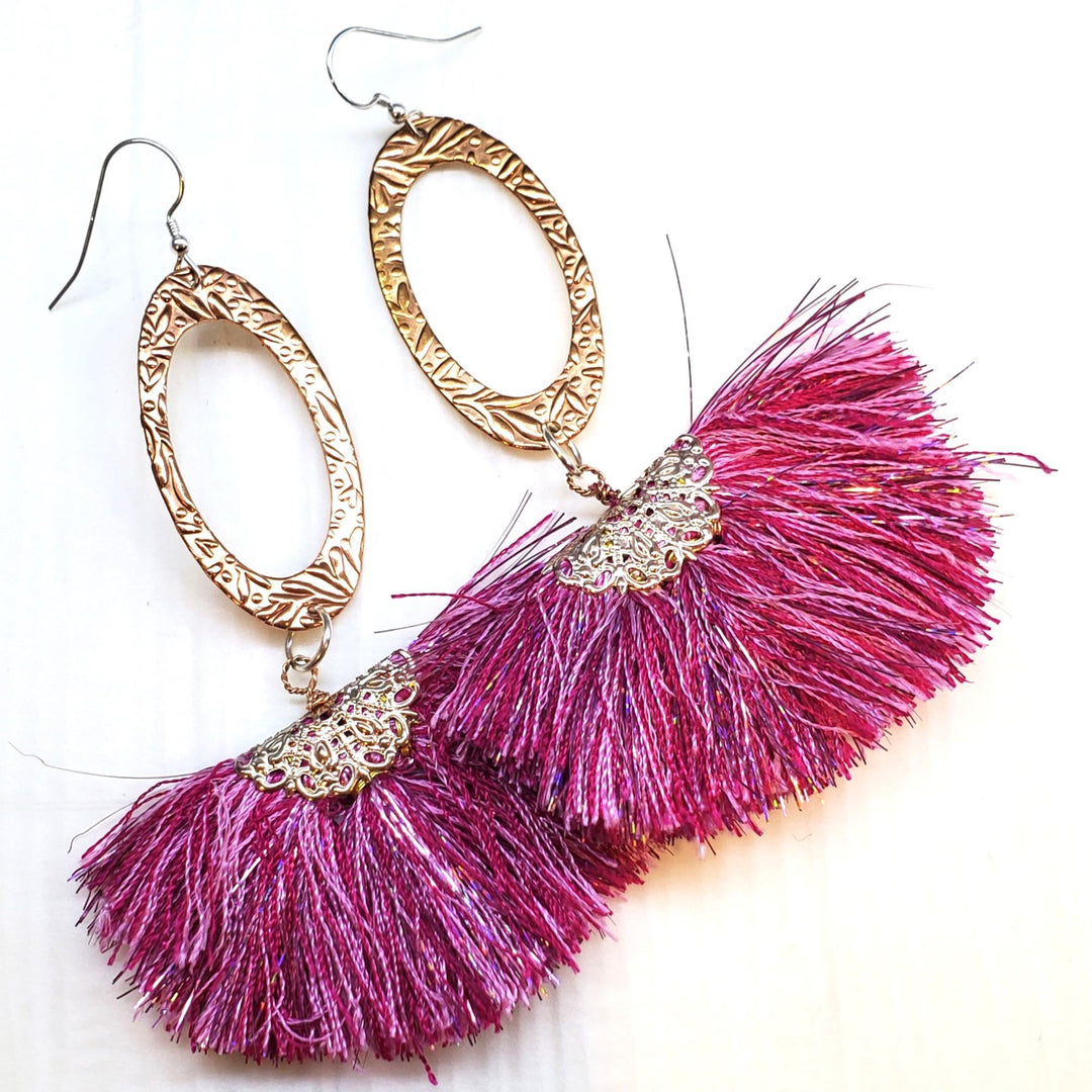 AMD1292-A-AMD1292-B Super Long Copper Embossed Sparkly Silk Fan Tassel Earrings - Earrings - Alexa Martha Designs   9586032738608