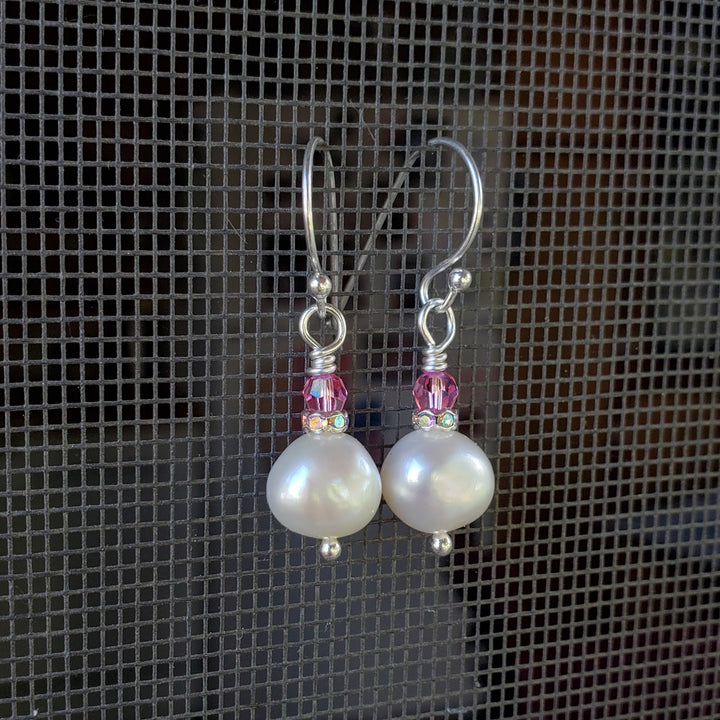 AMD1310-AMD1310-2-AMD1310-3 10mm Freshwater Baroque Pearl Sterling Silver Crystal Dangle Earrings - Earrings - Alexa Martha Designs   9869640532272