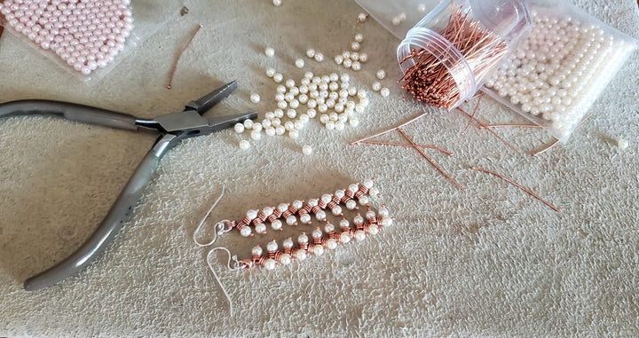 AMD1316-AMD1316-2 Long Copper Wire Coiled Braided Swarovski Crystal Pearl Earrings - Earrings - Alexa Martha Designs   9885689905456