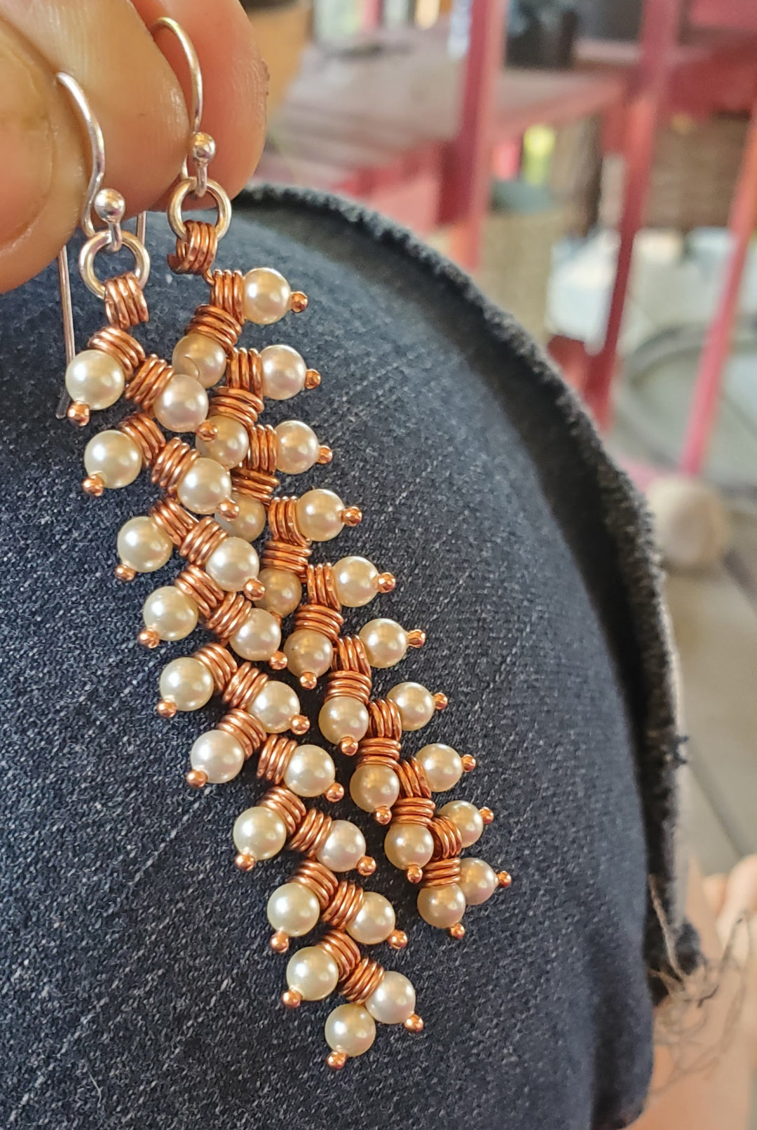 AMD1316-AMD1316-2 Long Copper Wire Coiled Braided Swarovski Crystal Pearl Earrings - Earrings - Alexa Martha Designs   9885689905456
