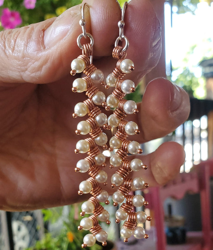 AMD1316-AMD1316-2 Long Copper Wire Coiled Braided Swarovski Crystal Pearl Earrings - Earrings - Alexa Martha Designs   9885689905456