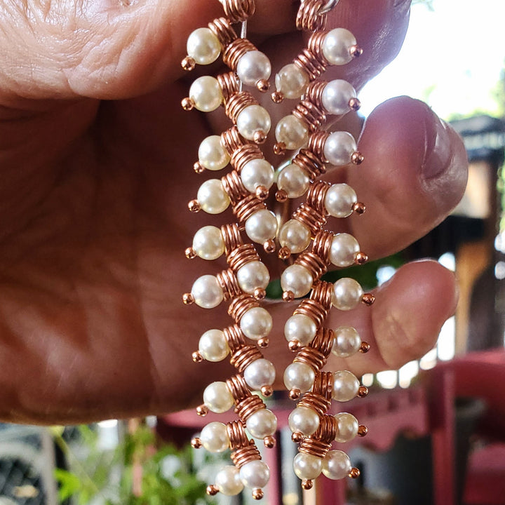AMD1316-AMD1316-2 Long Copper Wire Coiled Braided Swarovski Crystal Pearl Earrings - Earrings - Alexa Martha Designs   9885689905456