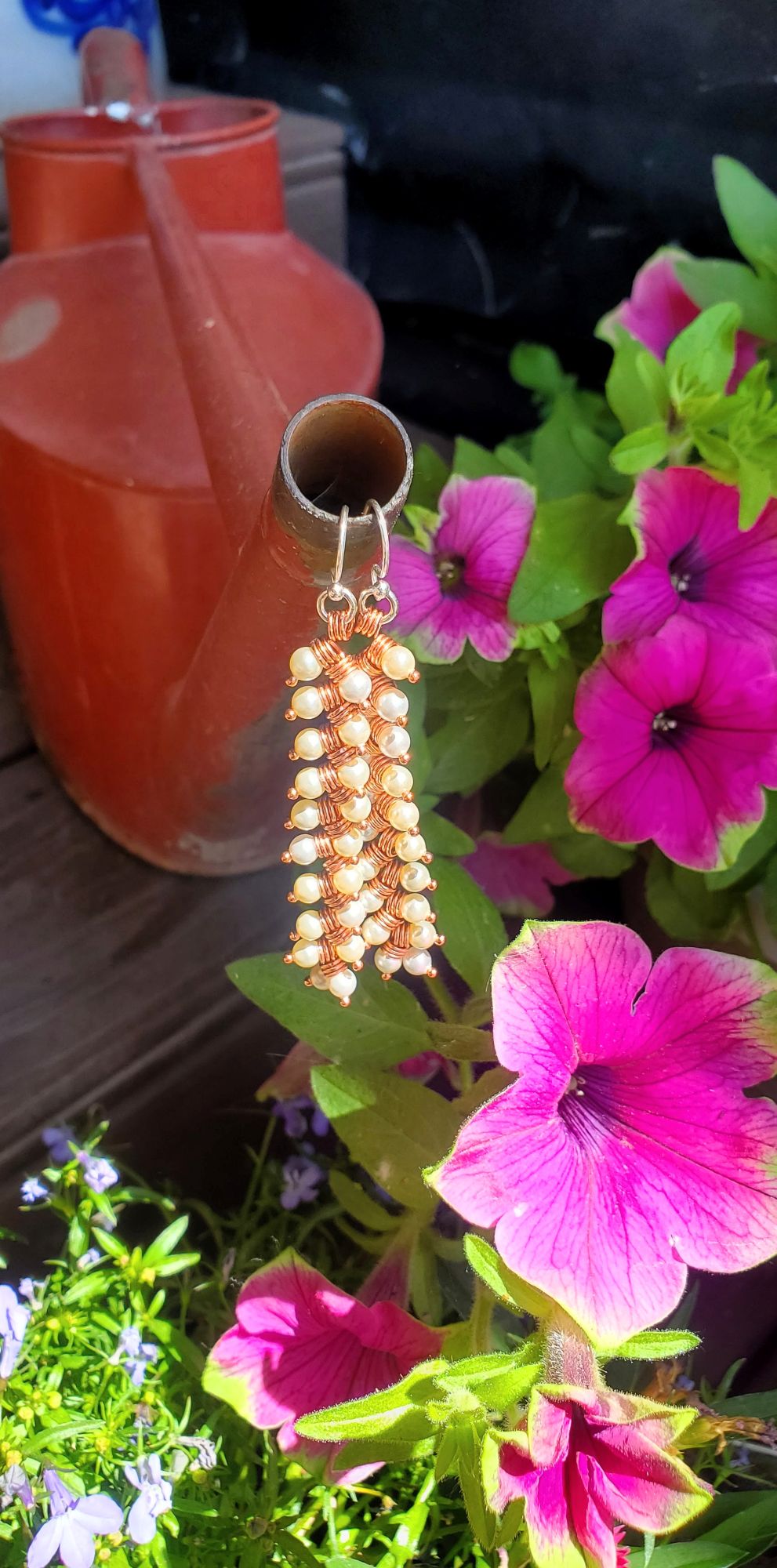 AMD1316-AMD1316-2 Long Copper Wire Coiled Braided Swarovski Crystal Pearl Earrings - Earrings - Alexa Martha Designs   9885689905456