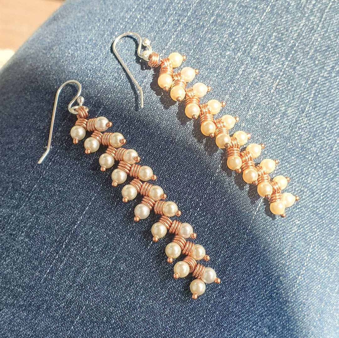 AMD1316-AMD1316-2 Long Copper Wire Coiled Braided Swarovski Crystal Pearl Earrings - Earrings - Alexa Martha Designs   9885689905456