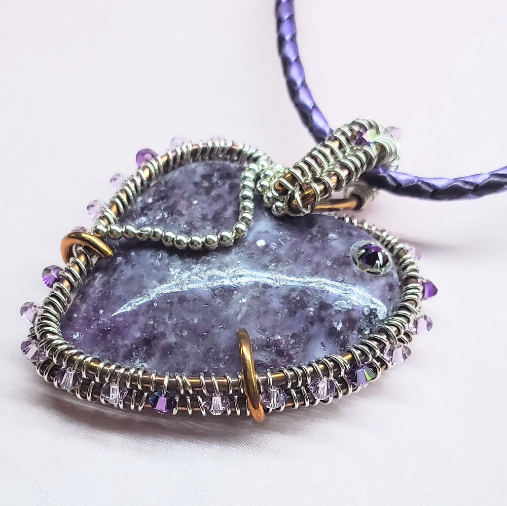 AMD1329 Wire Wrapped Purple Sparkly Lepidolite Heart Copper Silver Crystal Leather Necklace - Necklace - Alexa Martha Designs   9961562177840