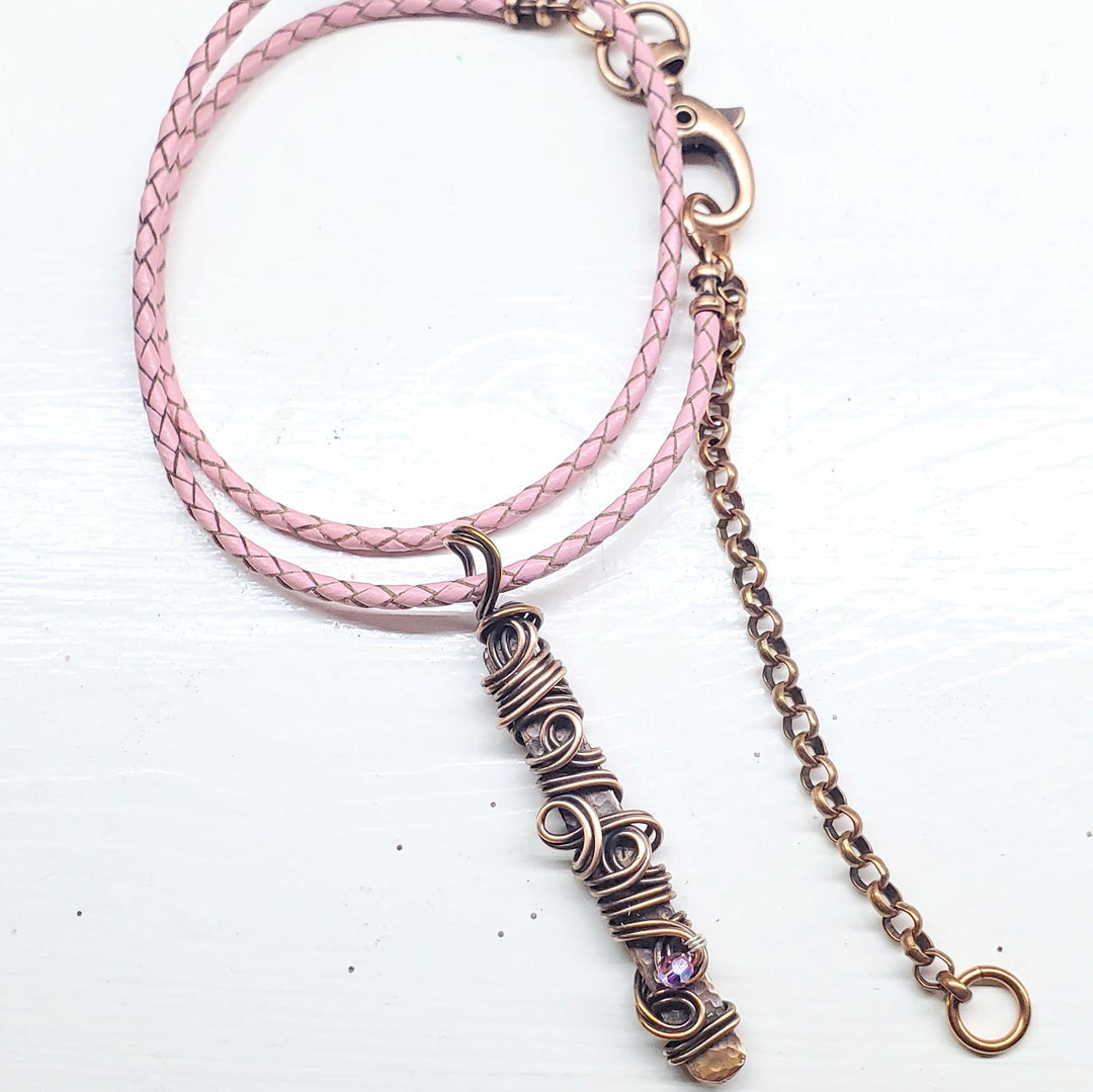 AMD1333 Handmade Wire Sculpted Ribbon Pink Crystal Copper Bar Pendant Necklace - Necklace - Alexa Martha Designs   9969560453424