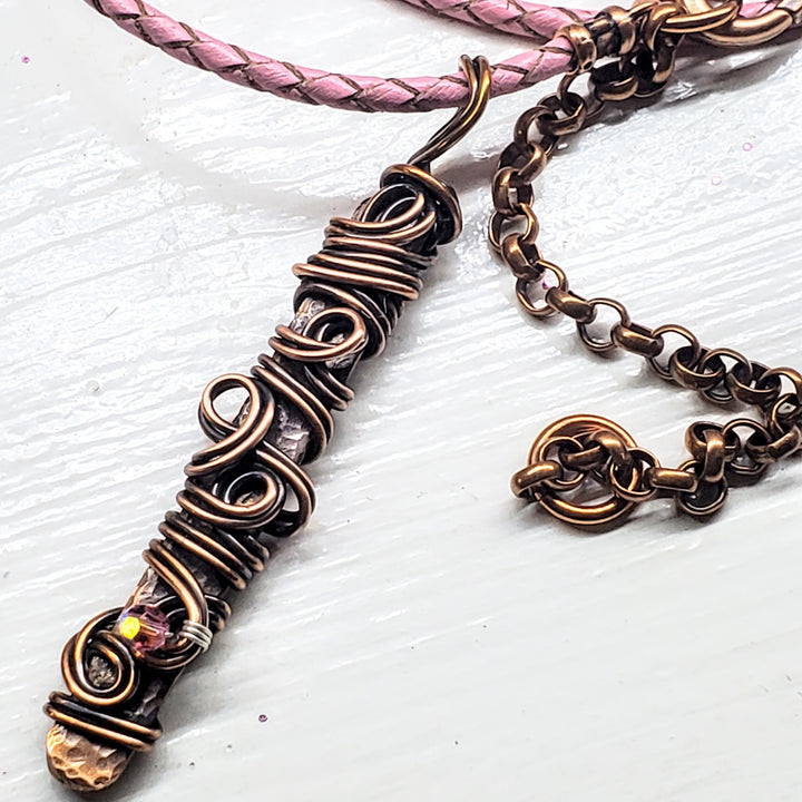 AMD1333 Handmade Wire Sculpted Ribbon Pink Crystal Copper Bar Pendant Necklace - Necklace - Alexa Martha Designs   9969560453424
