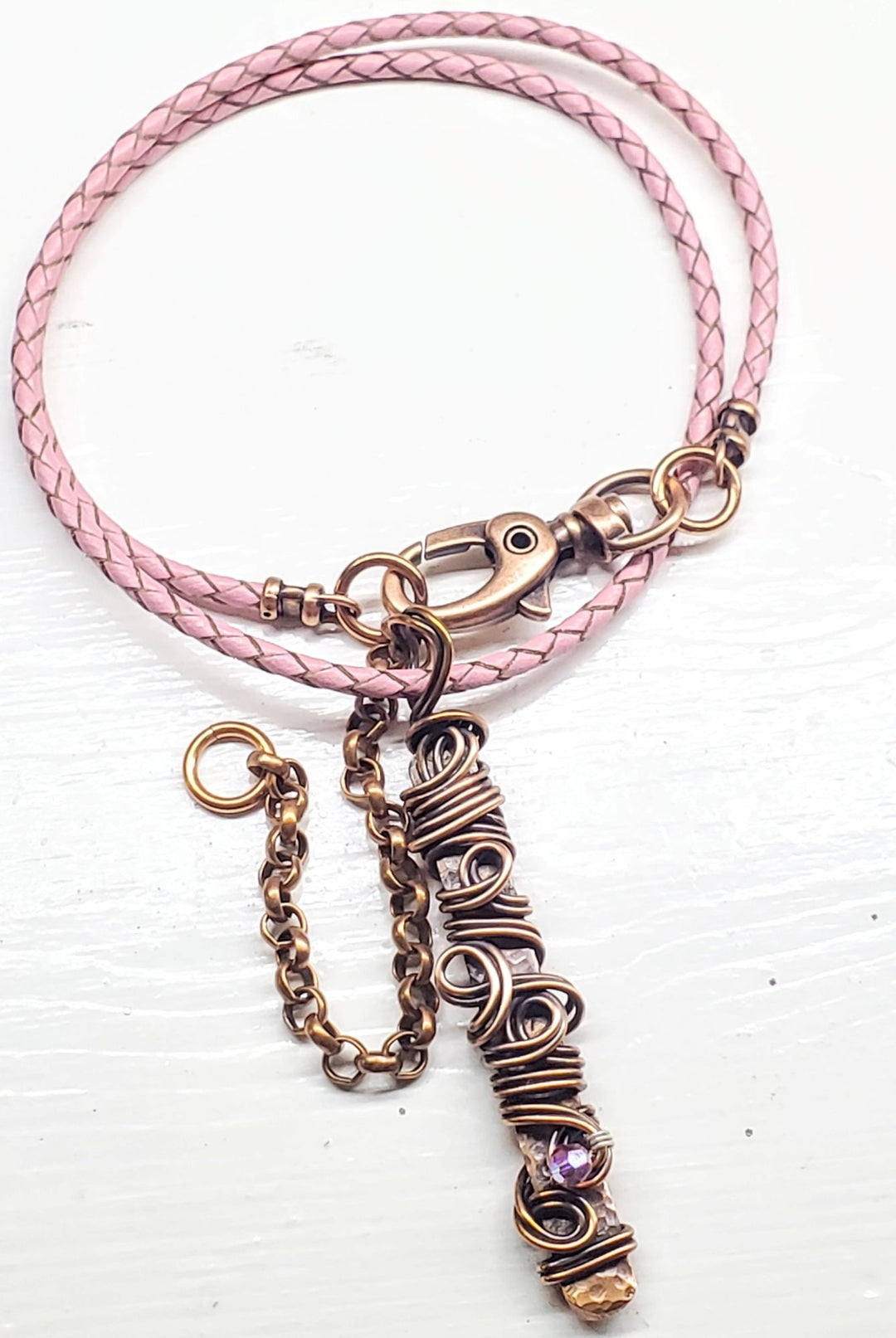 AMD1333 Handmade Wire Sculpted Ribbon Pink Crystal Copper Bar Pendant Necklace - Necklace - Alexa Martha Designs   9969560453424