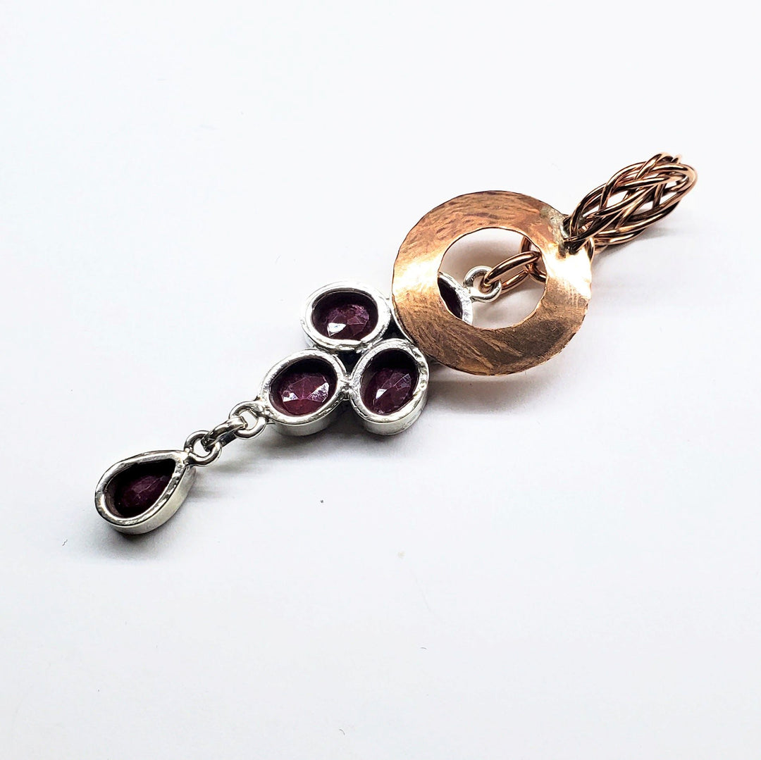 Handmade Copper 5 Wire Braided Bail Hammered Donut Raw Cut Ruby Cascading Pendant