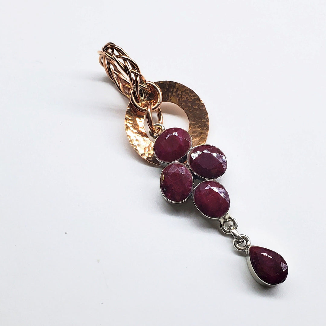 Handmade Copper 5 Wire Braided Bail Hammered Donut Raw Cut Ruby Cascading Pendant
