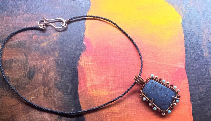 Reversible Copper Wire Wrapped Dancing Ballerina Teal Dyed Kiwi Stone Pendant Necklace