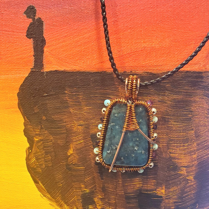 Reversible Copper Wire Wrapped Dancing Ballerina Teal Dyed Kiwi Stone Pendant Necklace