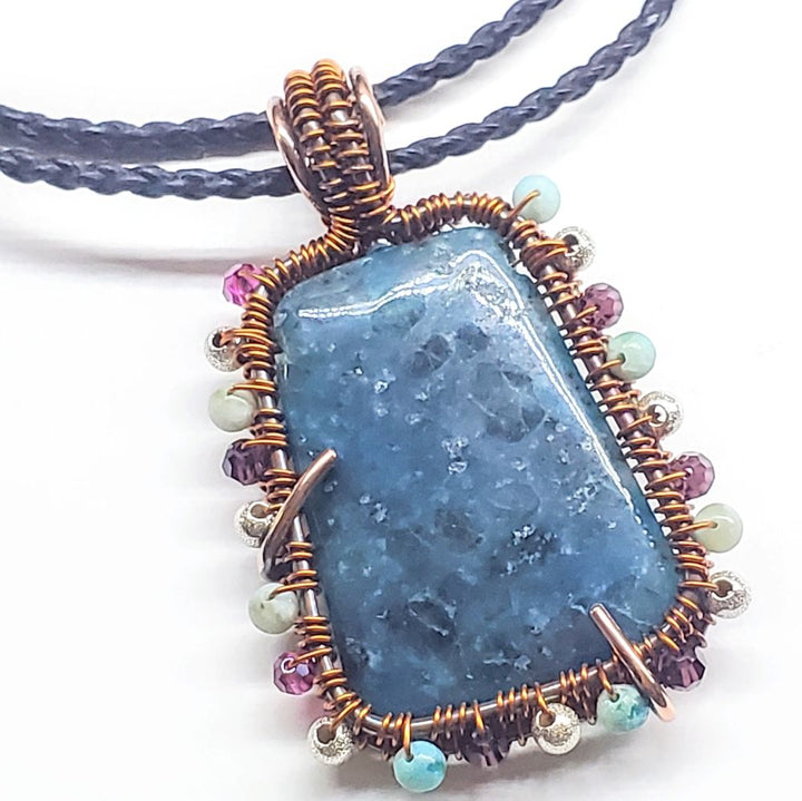 Reversible Copper Wire Wrapped Dancing Ballerina Teal Dyed Kiwi Stone Pendant Necklace