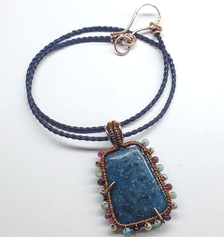 Reversible Copper Wire Wrapped Dancing Ballerina Teal Dyed Kiwi Stone Pendant Necklace